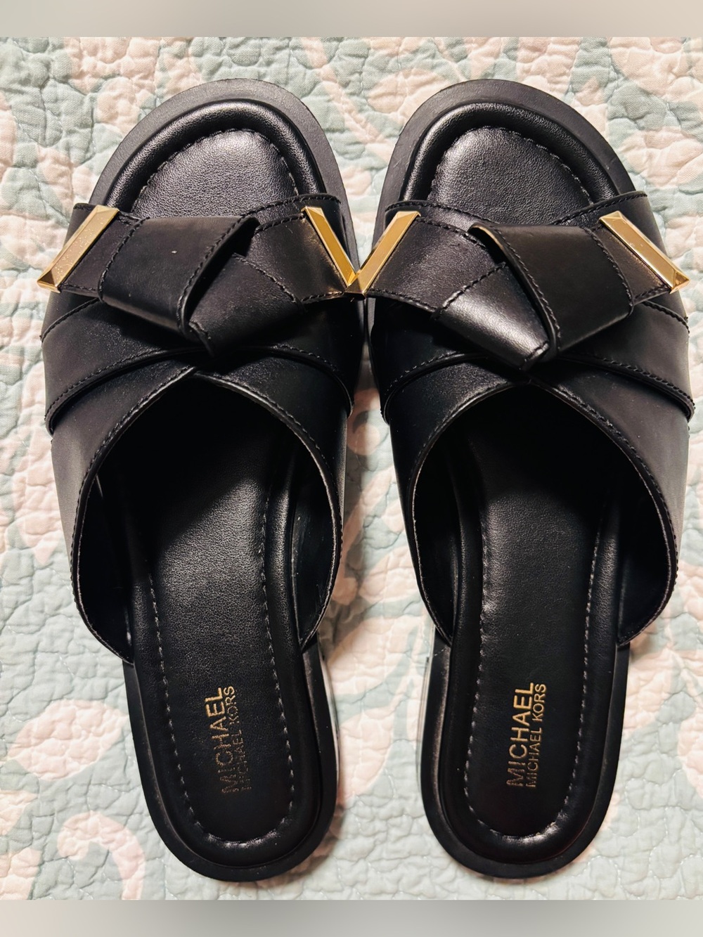 MICHAEL Michael Kors Black Leather Slide Mules with Gold V Accent Size 7